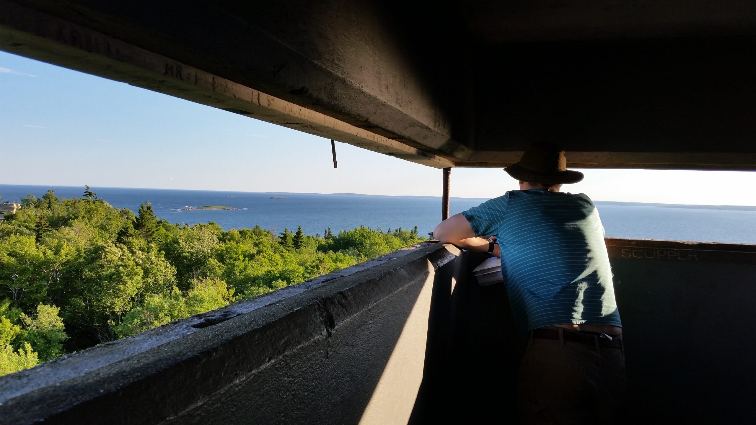 A view from the lookout tower on Jewell over the ocean and distant islands